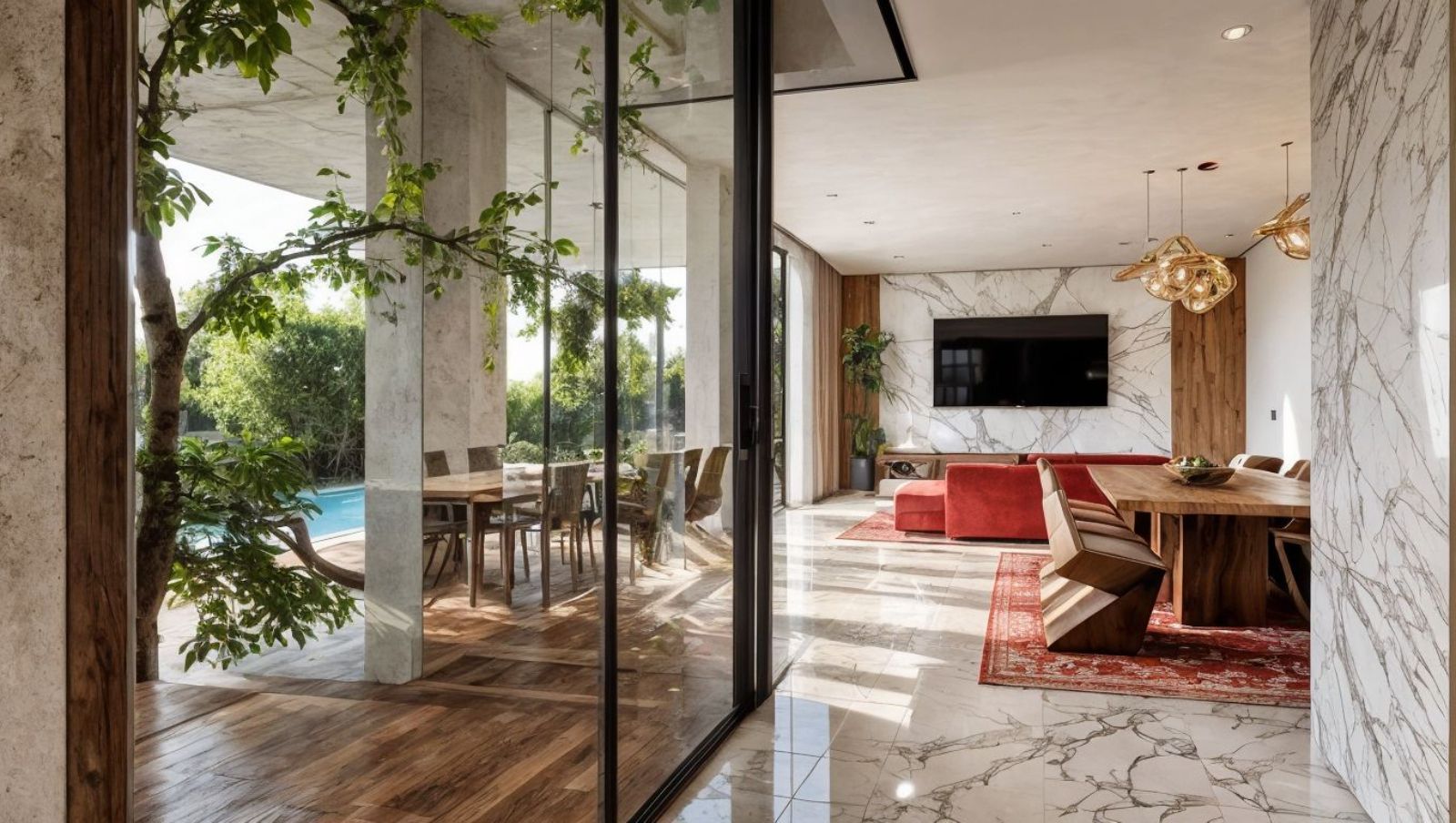 Modern living room with marble walls, large glass doors, and outdoor pool view.