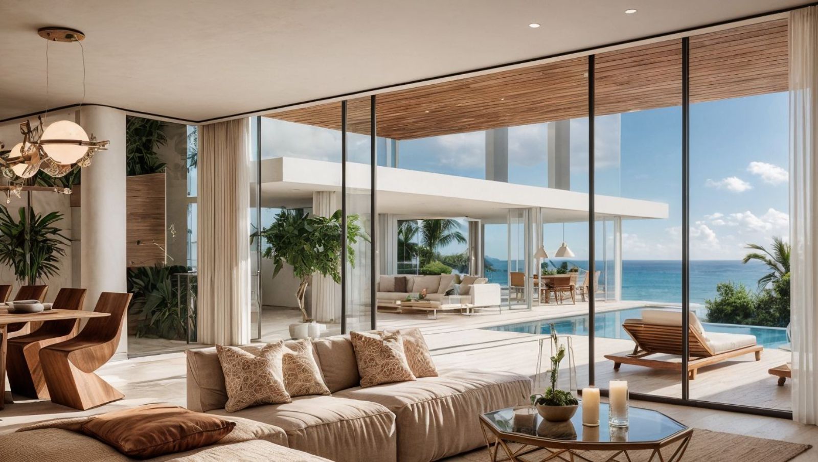 Modern living room with ocean view, large glass windows, pool, and outdoor seating.