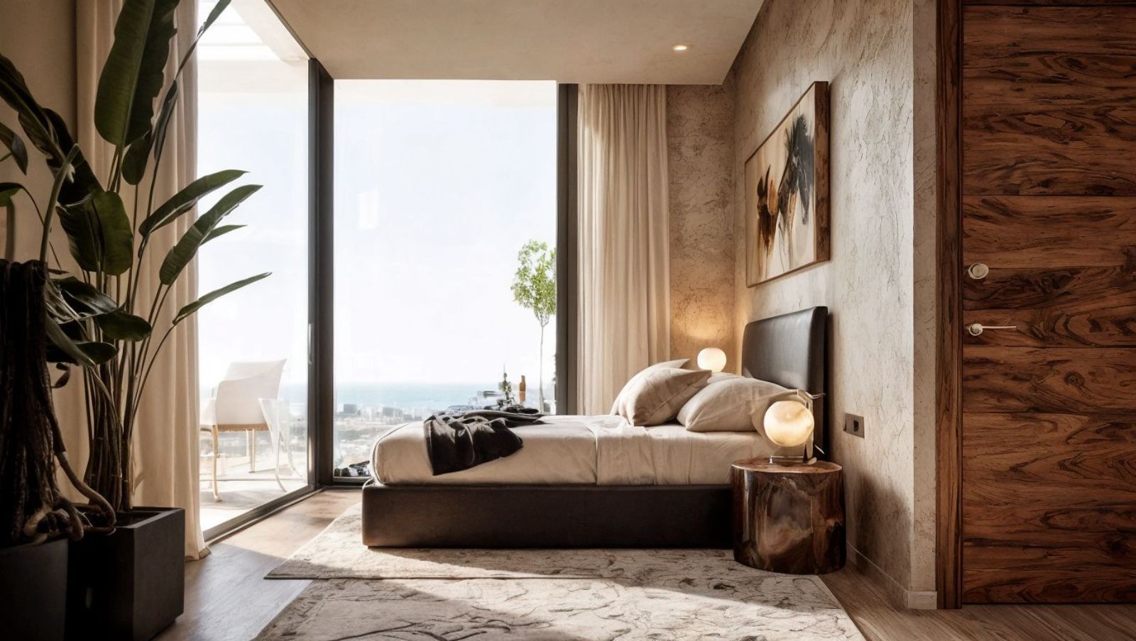 Modern bedroom with city view, large bed, floor-to-ceiling windows, indoor plants.